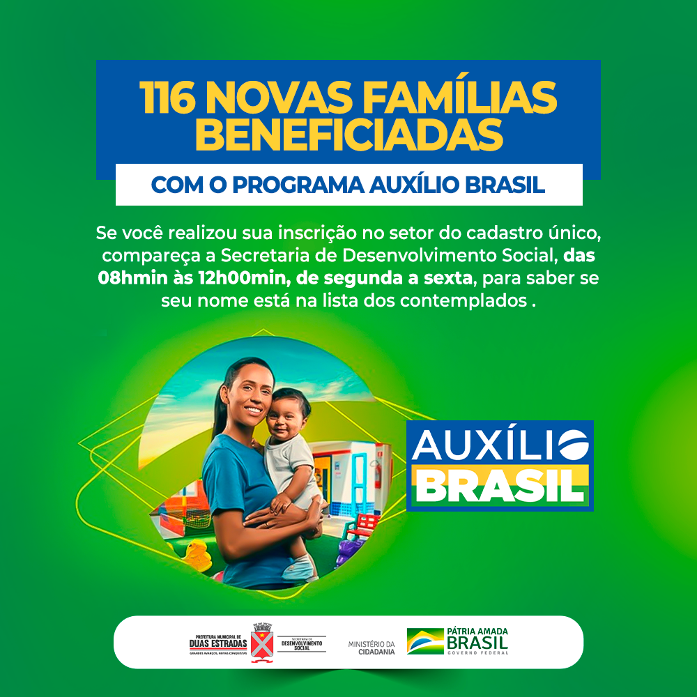Programa Auxílio Brasil: Duas Estradas tem 116 novos beneficiários do programa