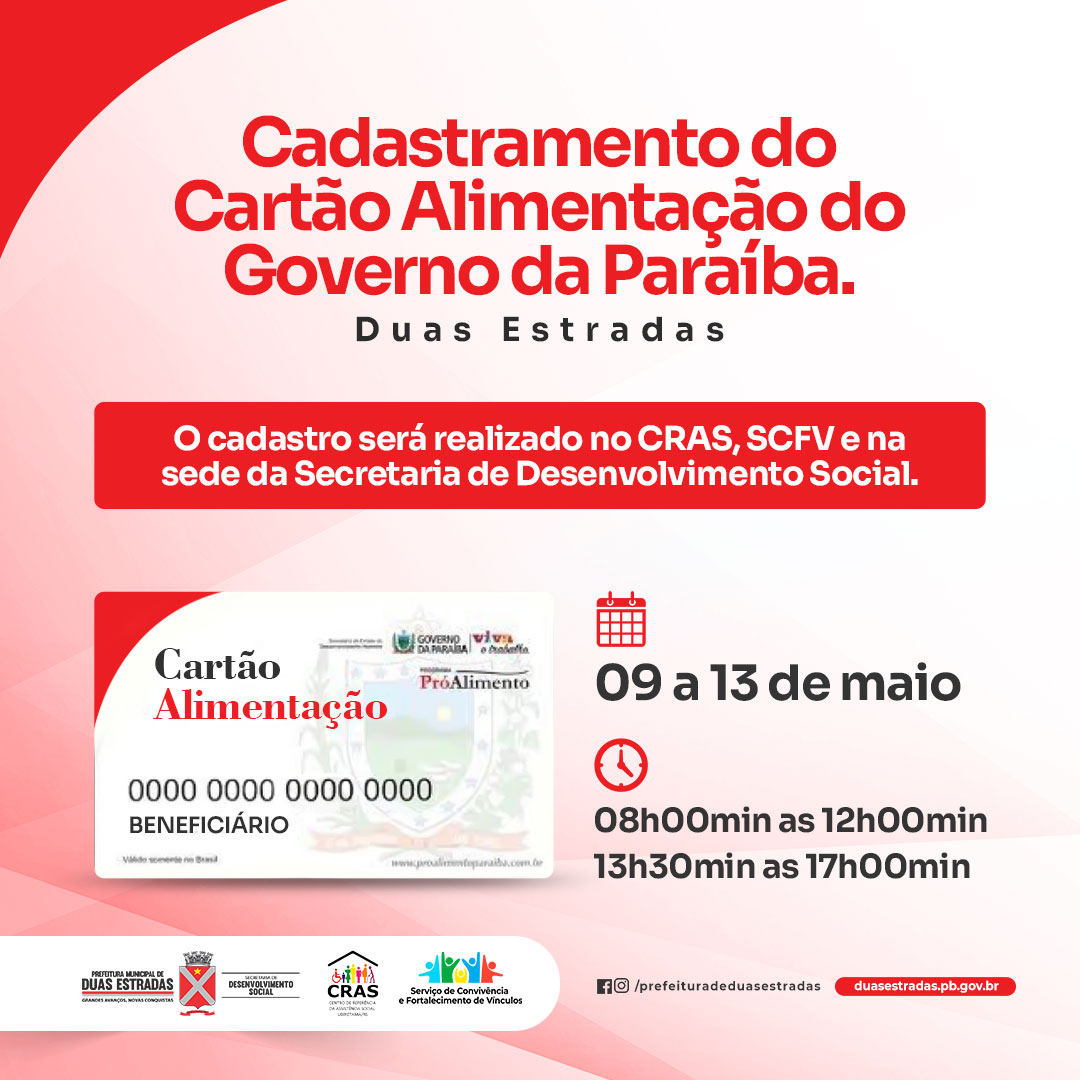 Cadastramento para o Programa Cartão Alimentação em Duas Estradas pode ser feito até sexta (13)