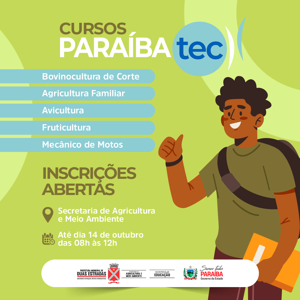 Inscrições abertas, até dia 14, para cursos do Paraíbatec Agricultura, em Duas Estradas