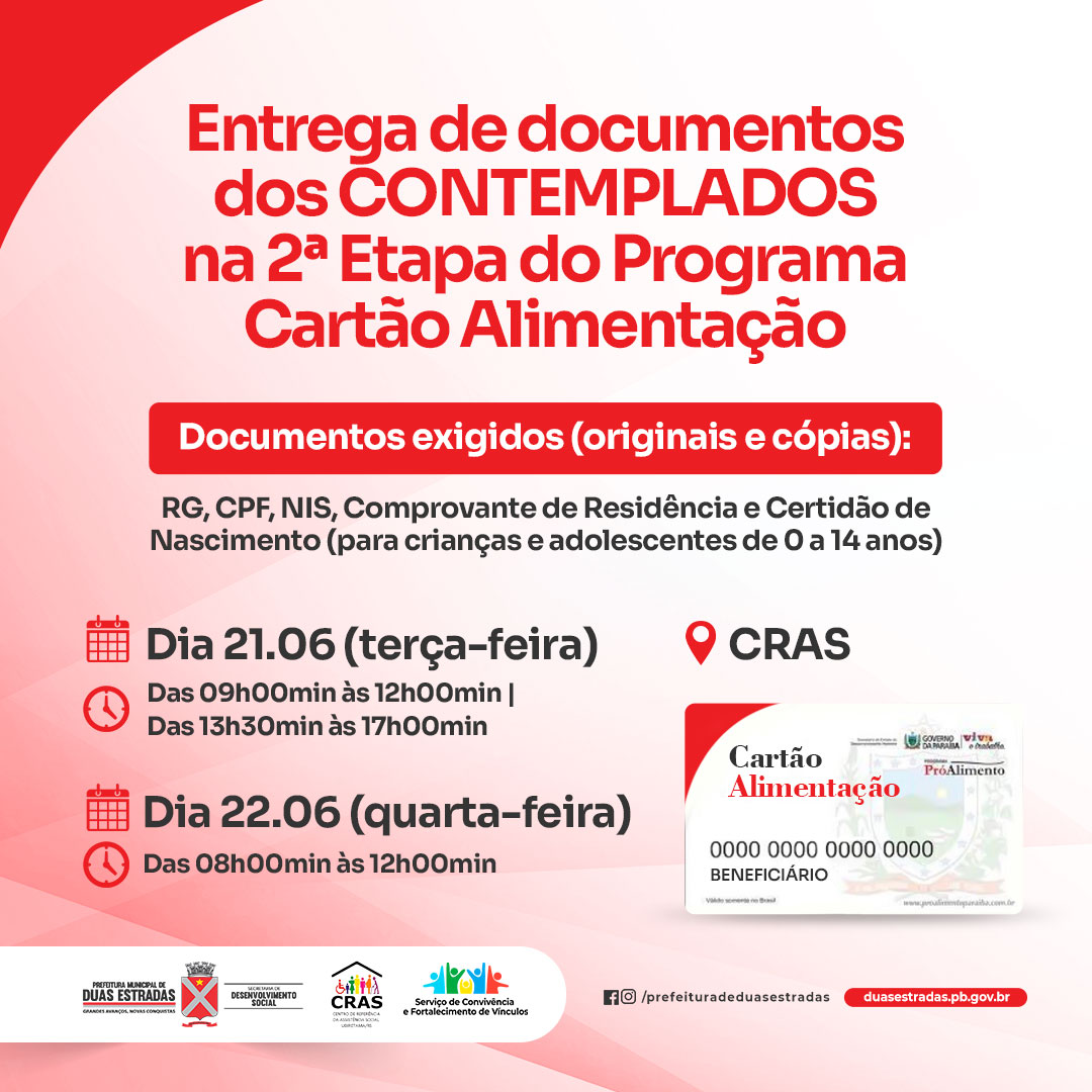 Divulgada lista de contemplados de Duas Estradas na 2ª etapa do Programa Cartão Alimentação do Governo do Estado
