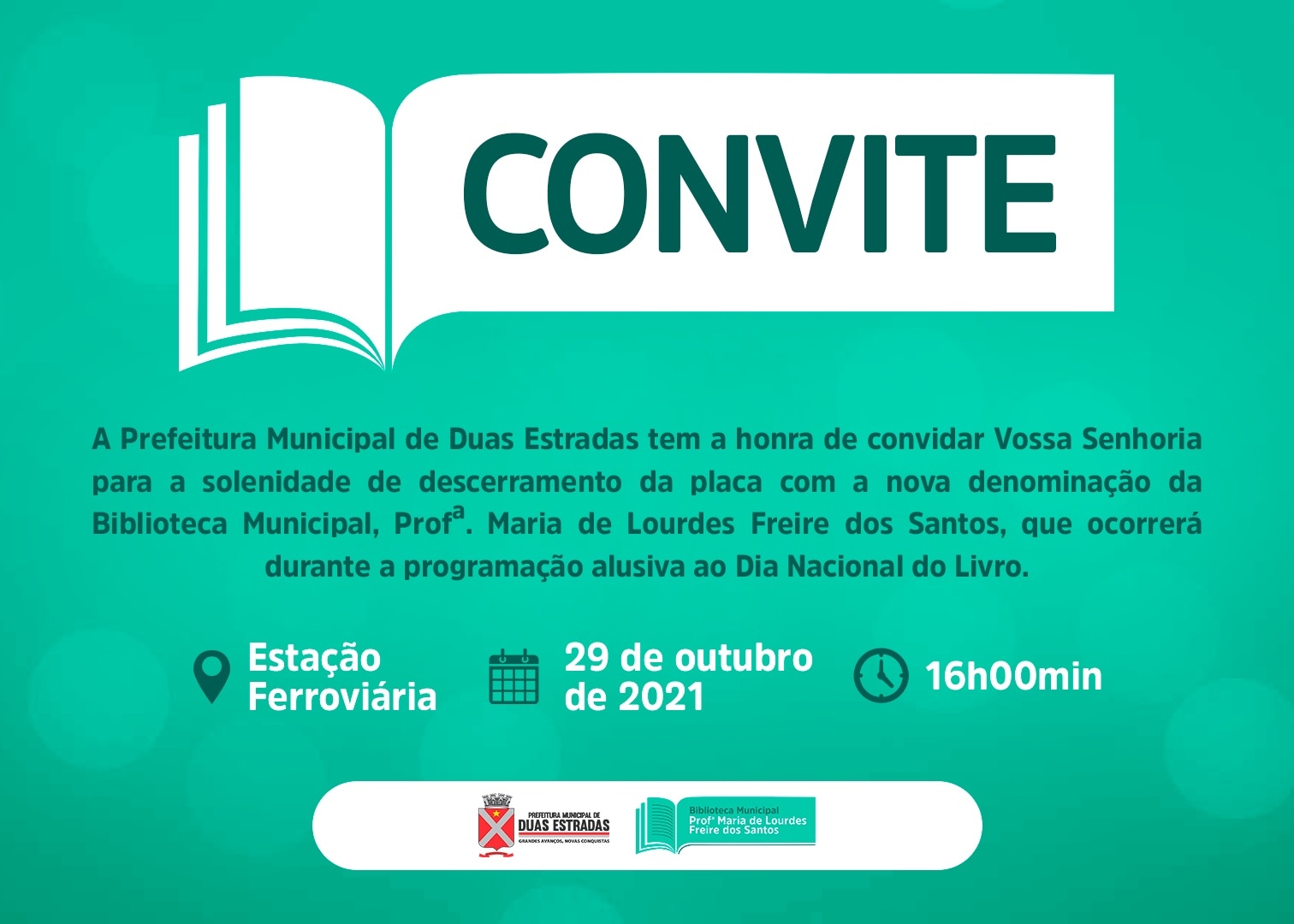 Prefeitura convida para descerramento da placa com a nova denominação da Biblioteca Municipal, que ocorre nesta sexta (29)