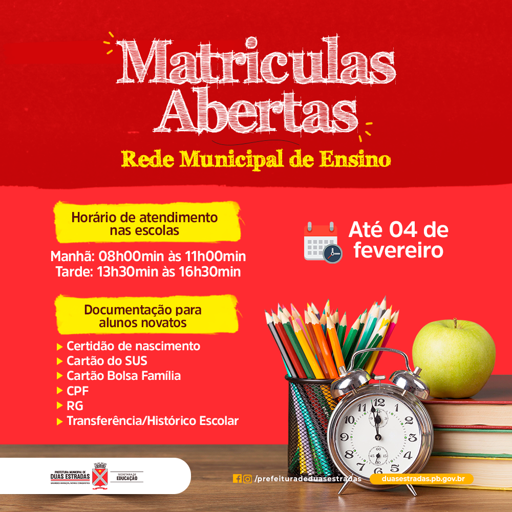 Matrículas e rematrículas abertas na Rede Municipal de Ensino de Duas Estradas até dia 04