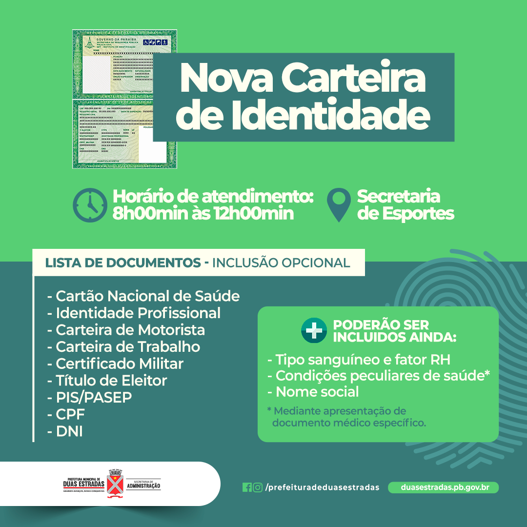 Duas Estradas: Atendimento para emissão da nova Carteira de Identidade será retomado a partir desta segunda (23), na Secretaria de Esportes