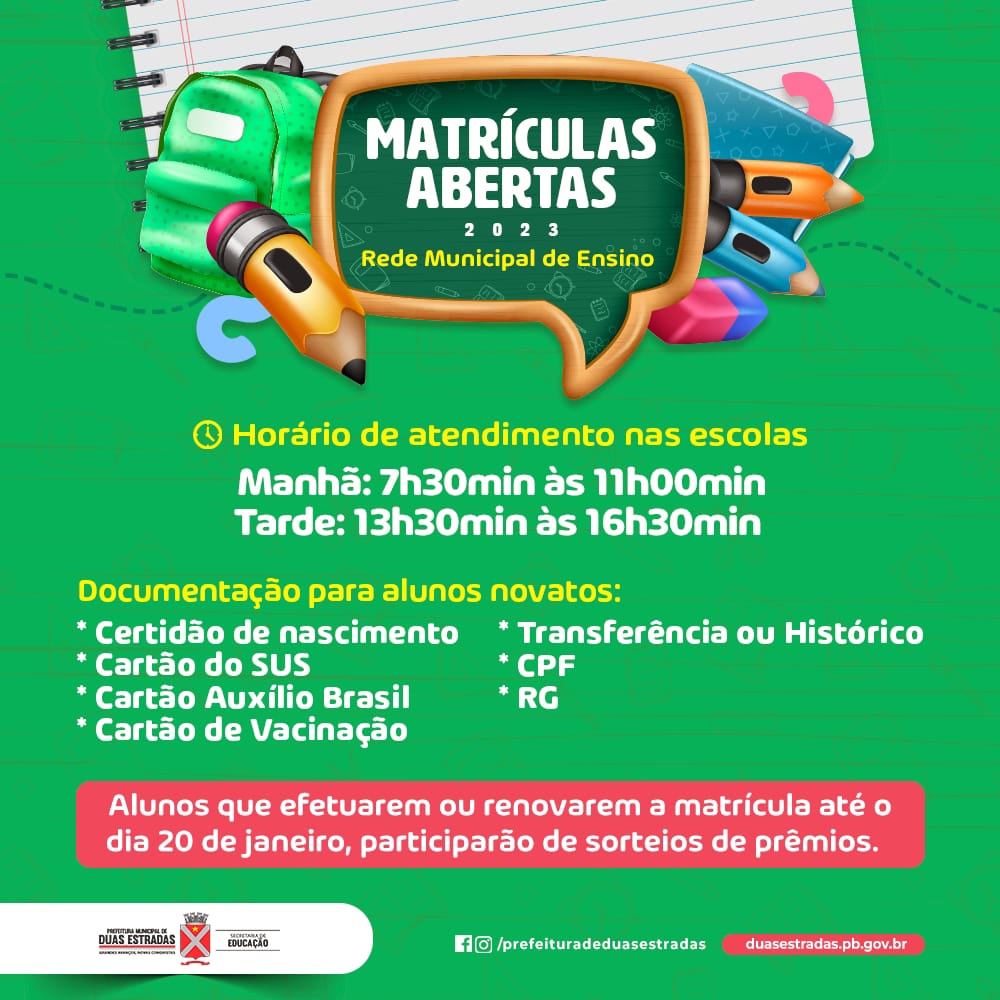 Duas Estradas: Matrículas e rematrículas abertas na Rede Municipal de Ensino, até dia 20 de janeiro