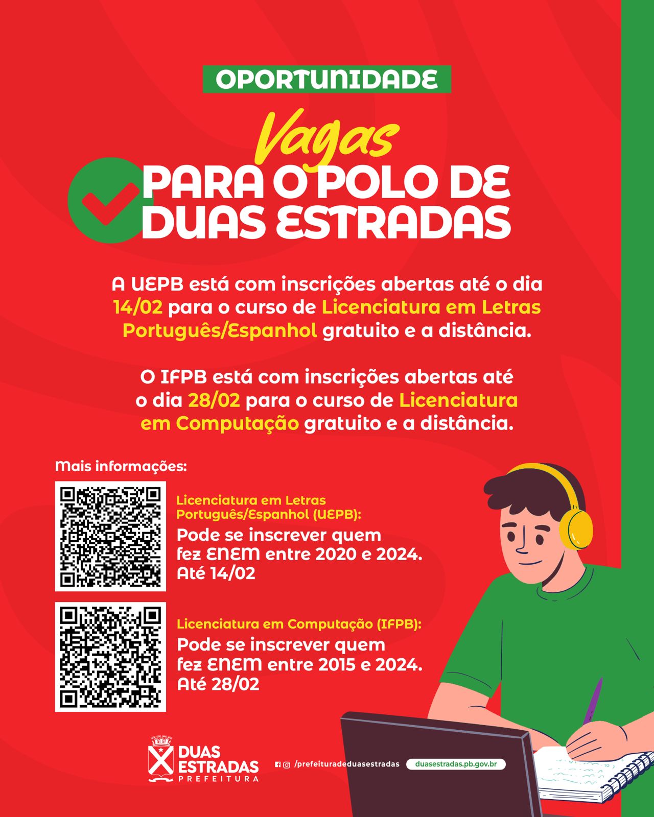 Com apoio da Prefeitura de Duas Estradas, UEPB e IFPB oferecem vagas para cursos superiores