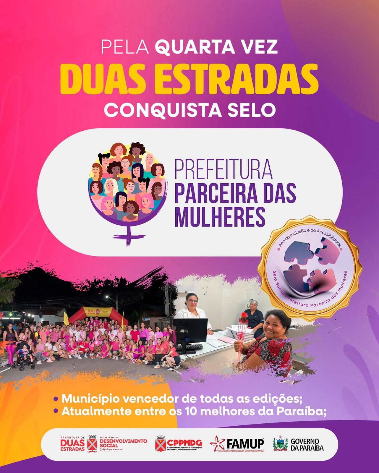 Duas Estradas conquista pela quarta vez o Selo Prefeitura Parceira das Mulheres e se destaca entre os 10 melhores da Paraíba